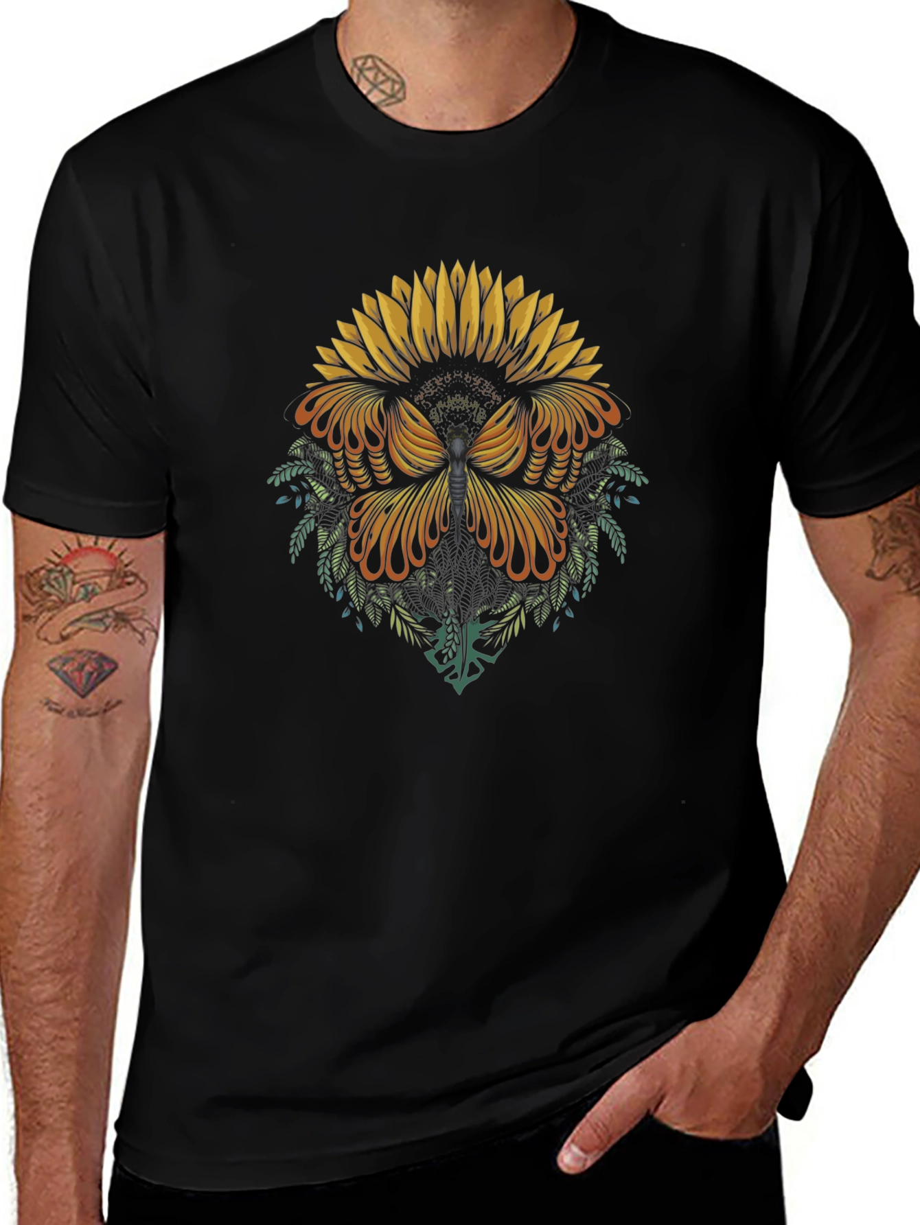 Sunflower Butterfly Graphic Tee - Black Cotton Blend