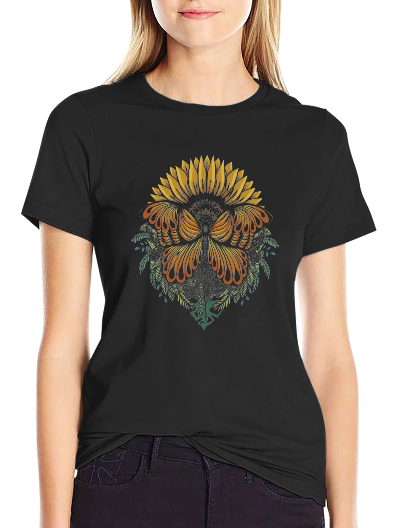 Sunflower Butterfly Graphic Tee - Black Cotton Blend