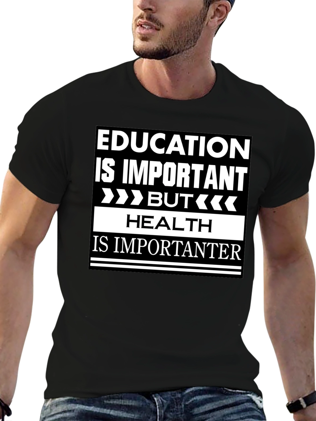 Education vs Health Slogan Graphic T-Shirt