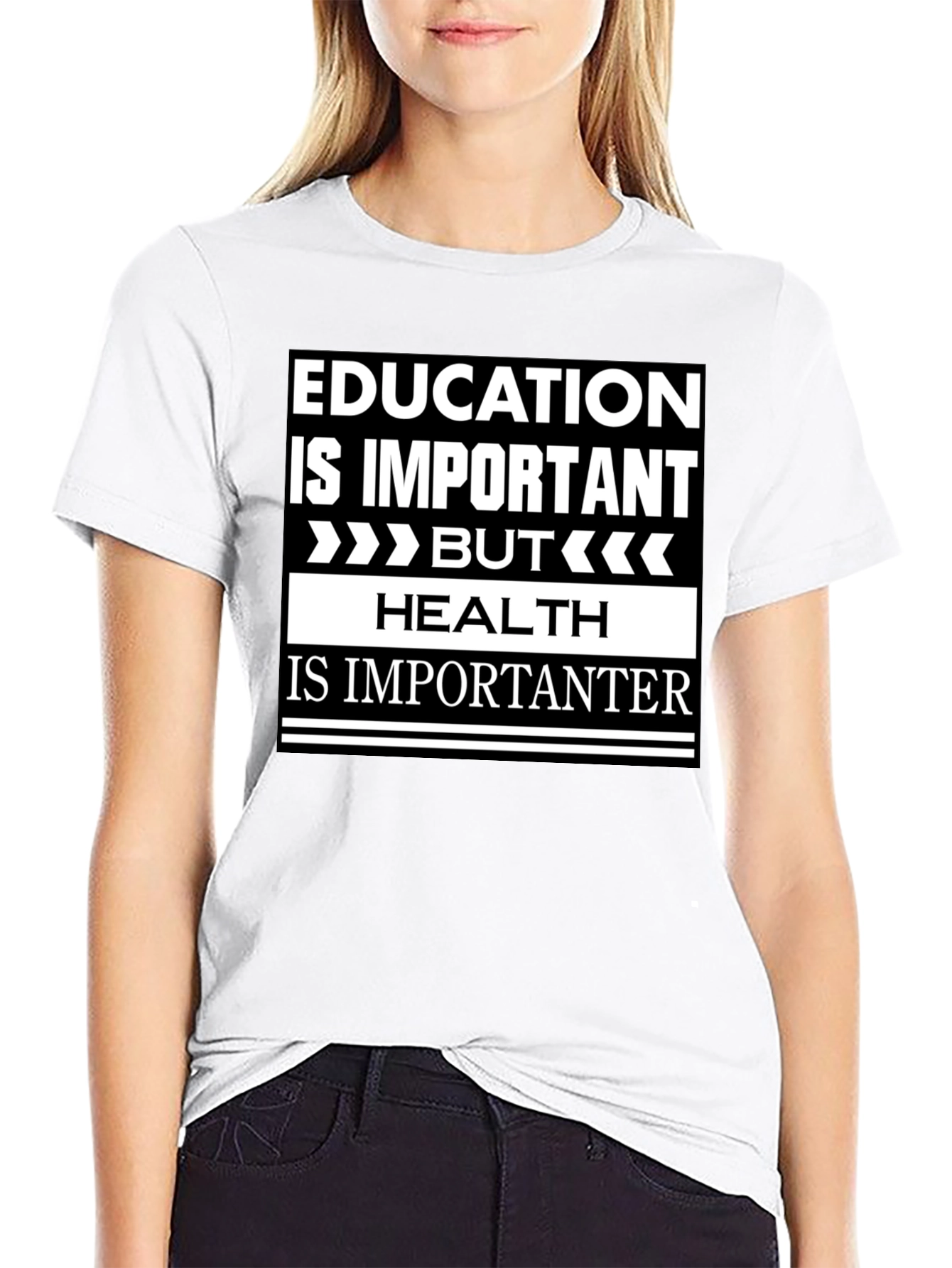 Education vs Health Slogan Graphic T-Shirt