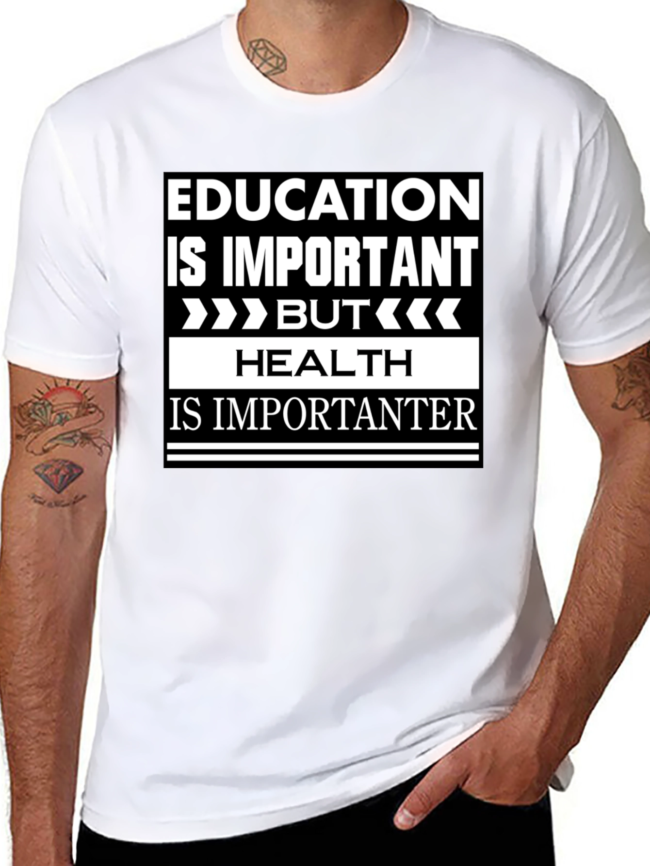 Education vs Health Slogan Graphic T-Shirt