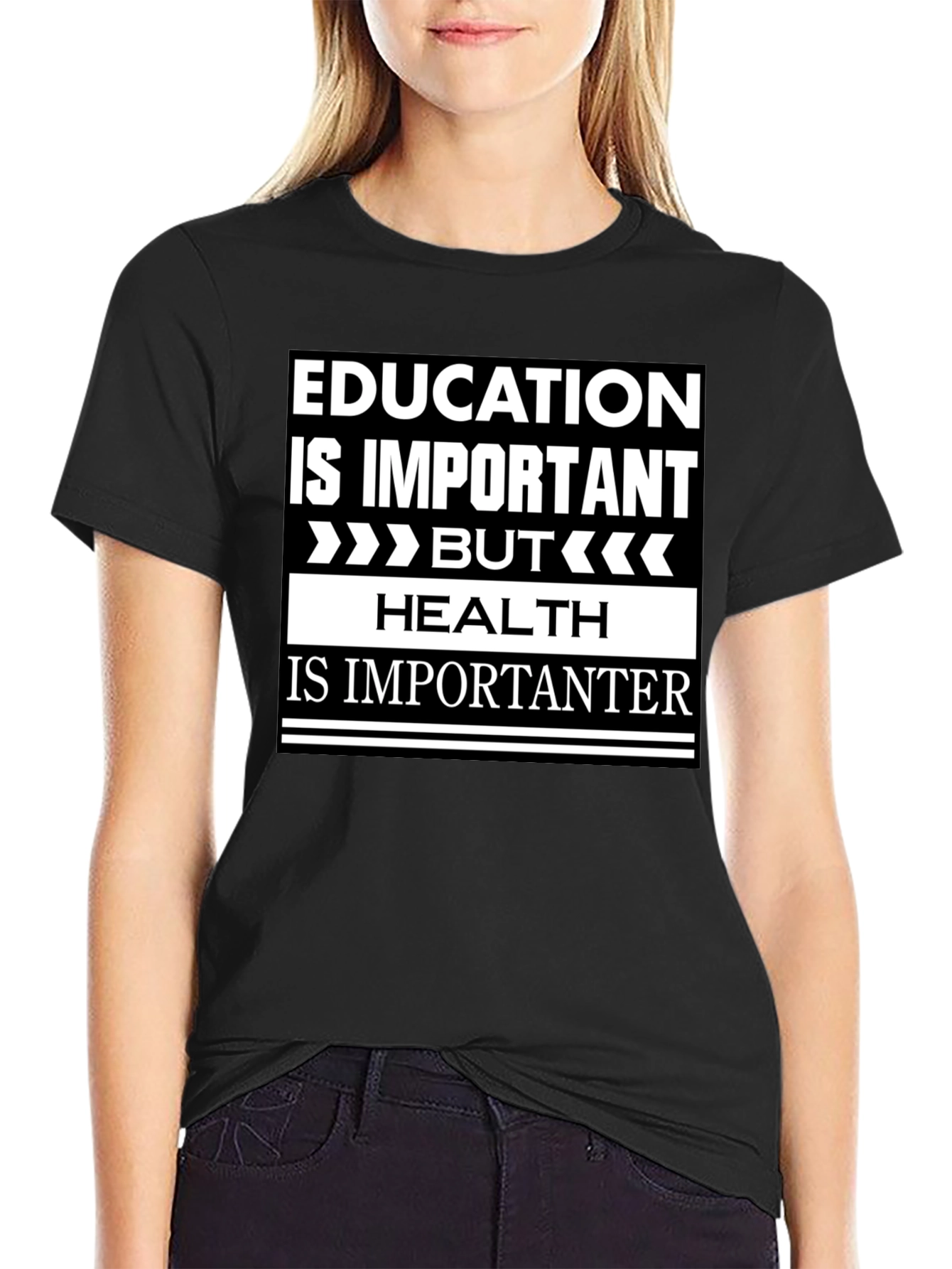 Education vs Health Slogan Graphic T-Shirt