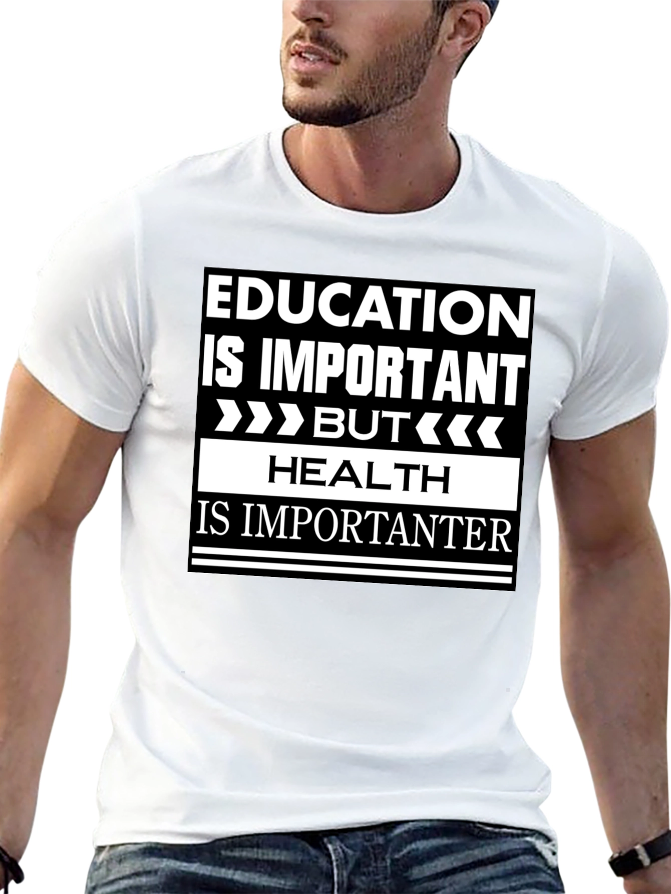 Education vs Health Slogan Graphic T-Shirt