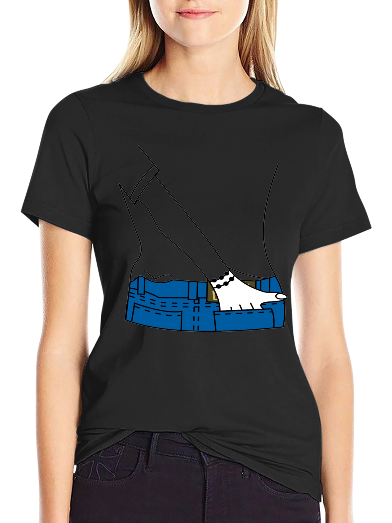 Cartoon Denim Pocket T-Shirt - Black
