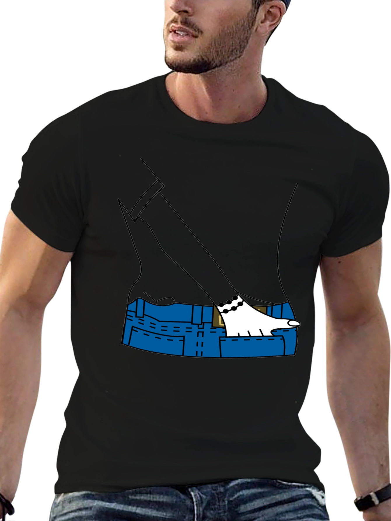 Cartoon Denim Pocket T-Shirt - Black