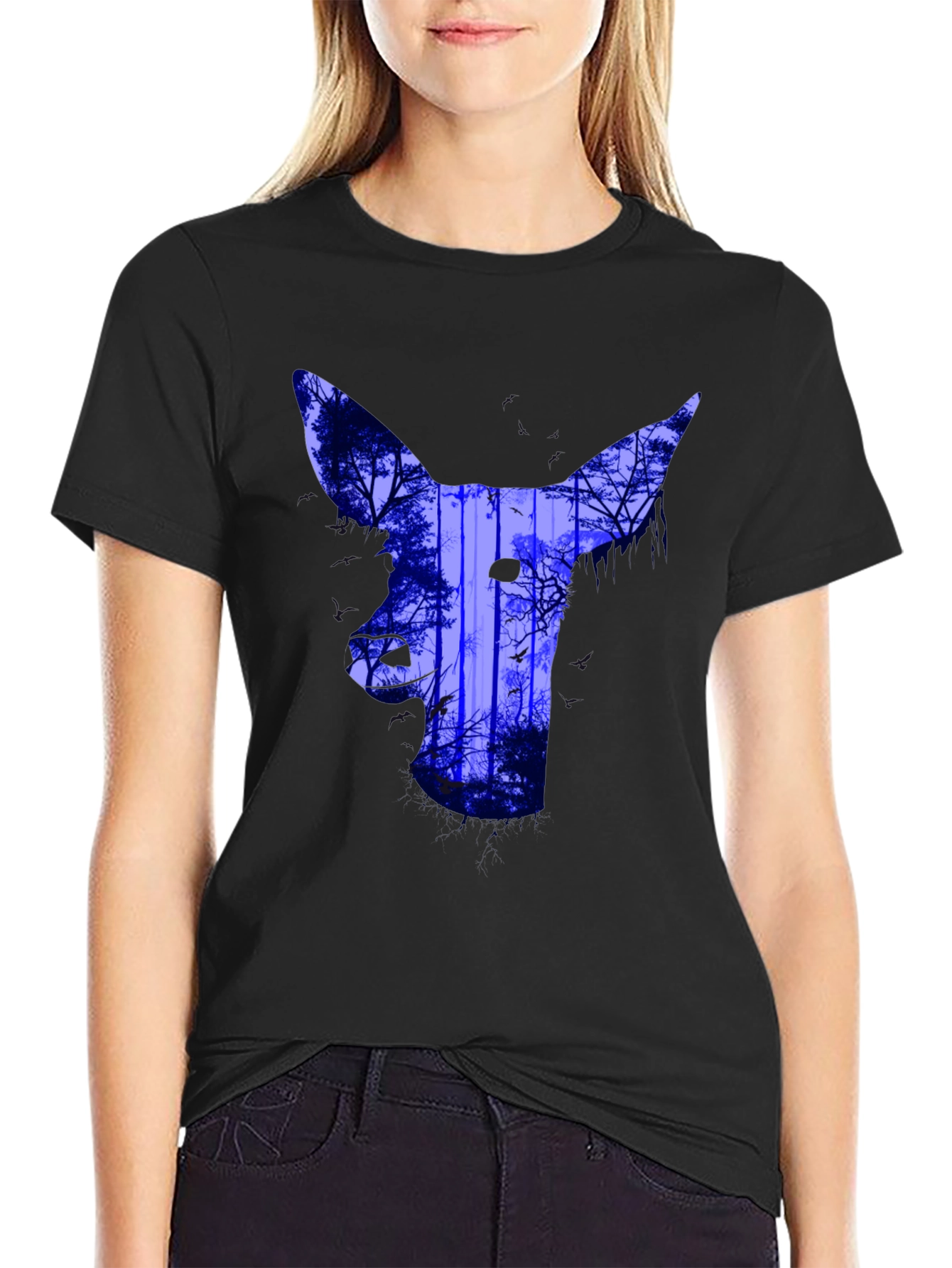 Abstract Deer Forest Print T-Shirt - Black