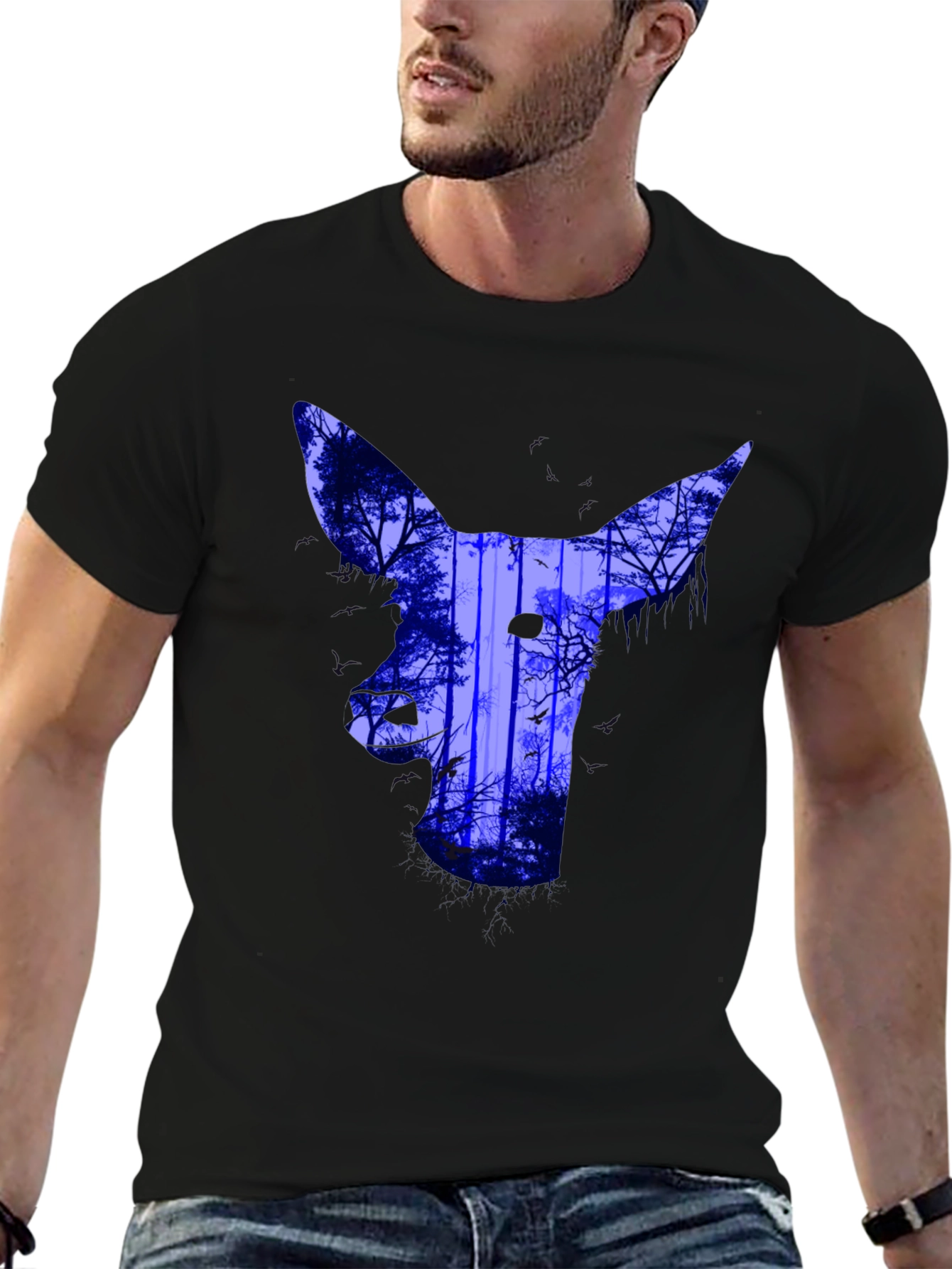 Abstract Deer Forest Print T-Shirt - Black