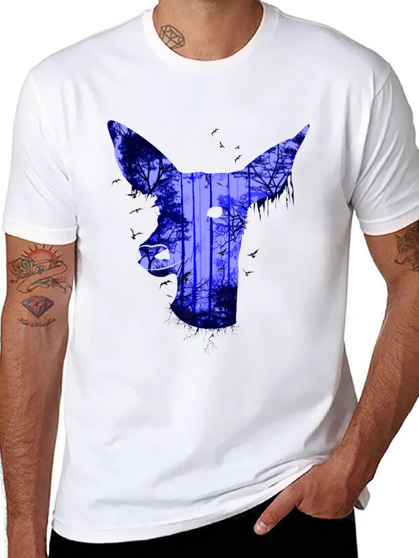 Abstract Deer Forest Print T-Shirt - Black