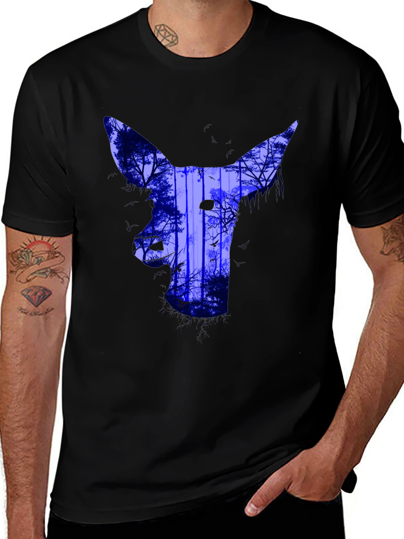 Abstract Deer Forest Print T-Shirt - Black