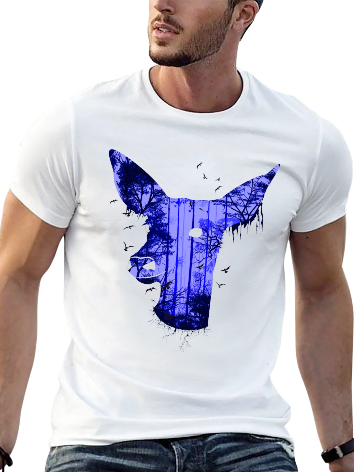 Abstract Deer Forest Print T-Shirt - Black
