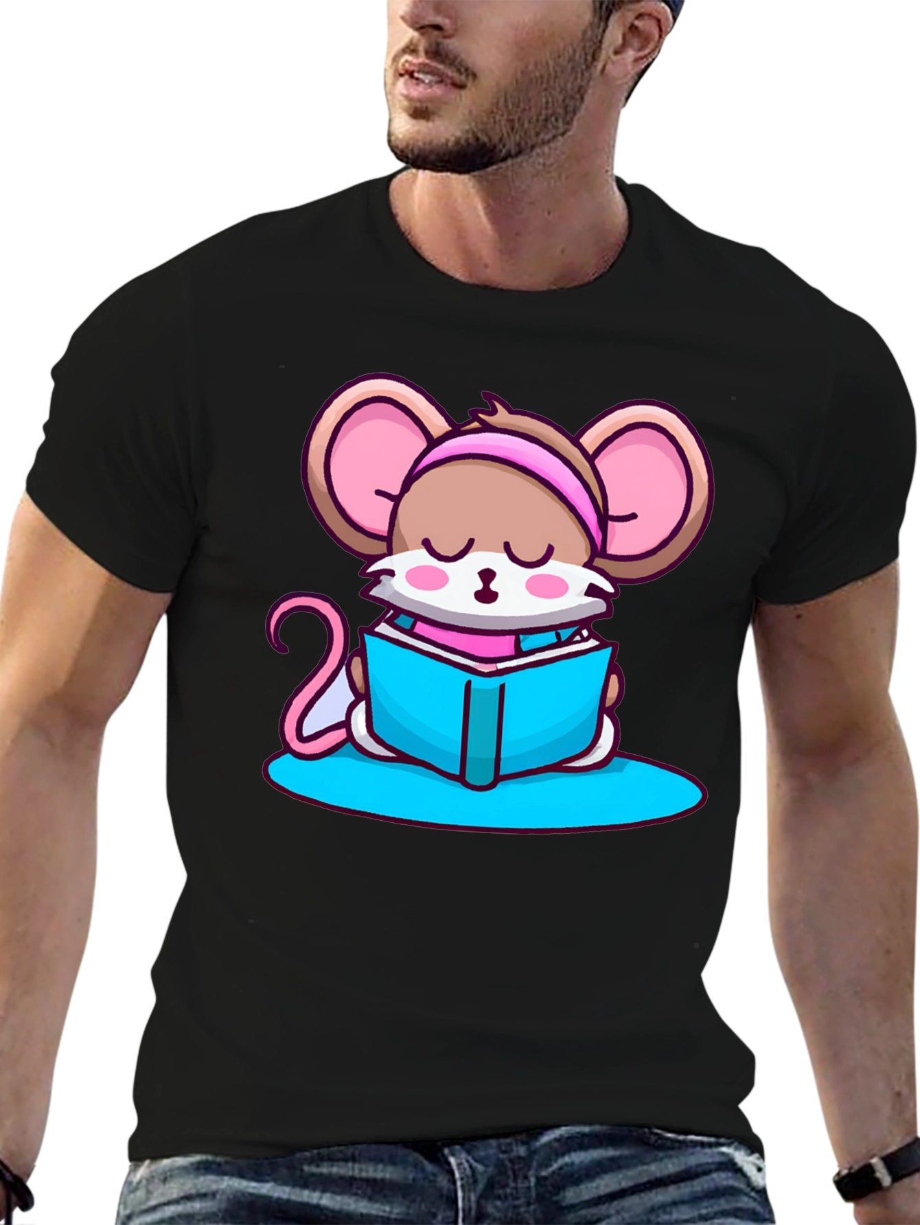 Cute Mouse Reading Book Black T-Shirt