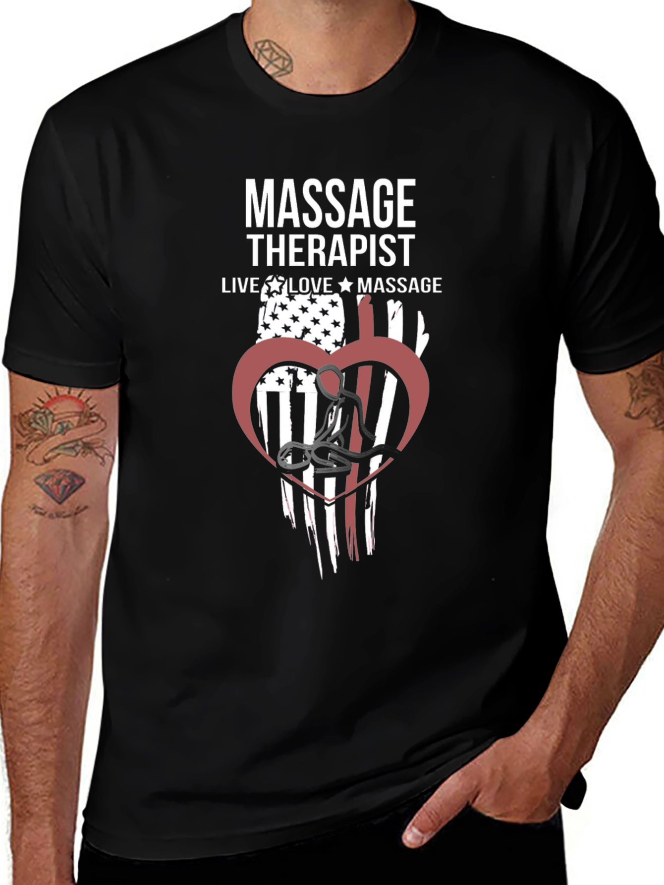 Massage Therapist American Flag Heart Graphic T-Shirt