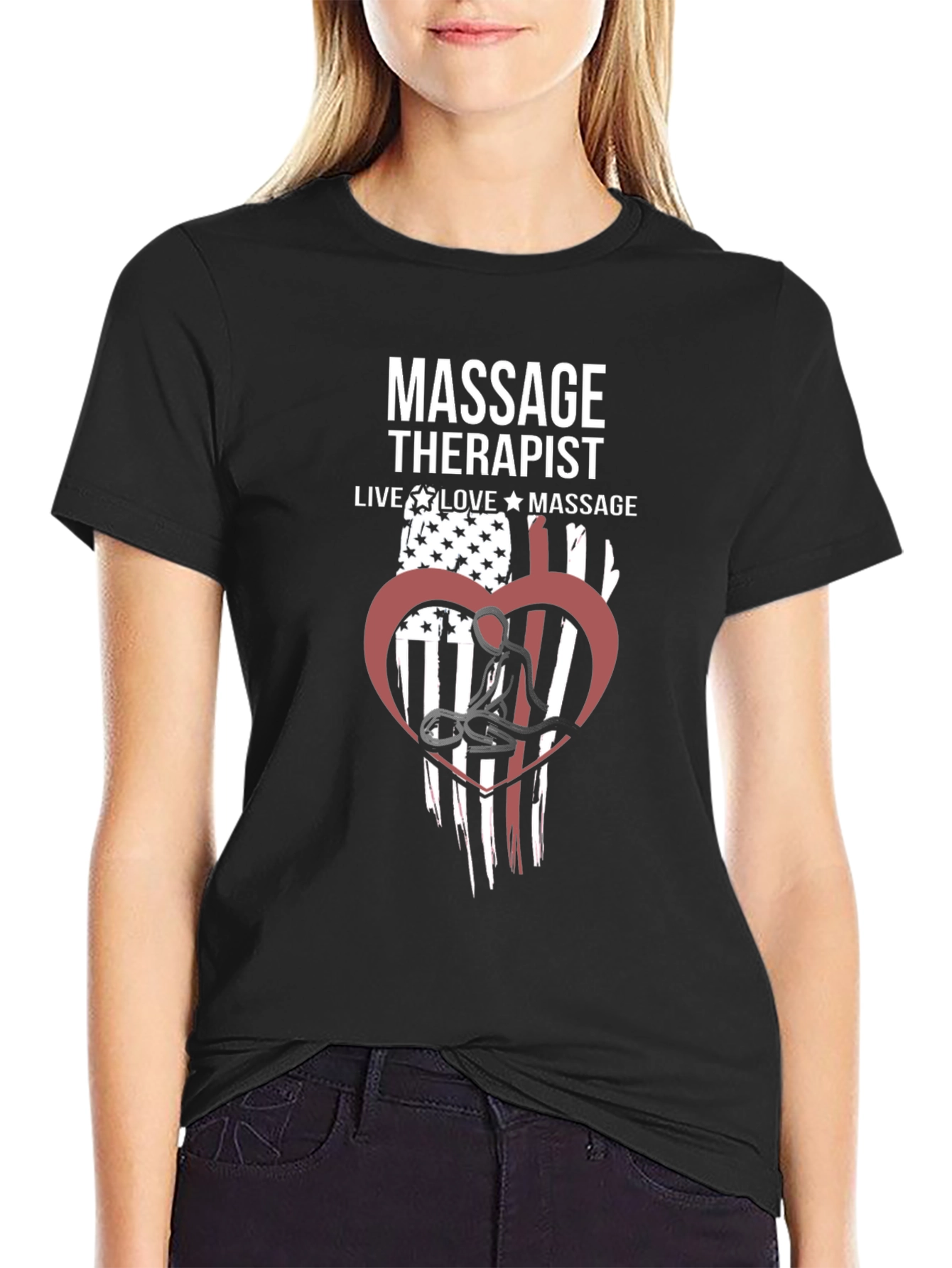 Massage Therapist American Flag Heart Graphic T-Shirt