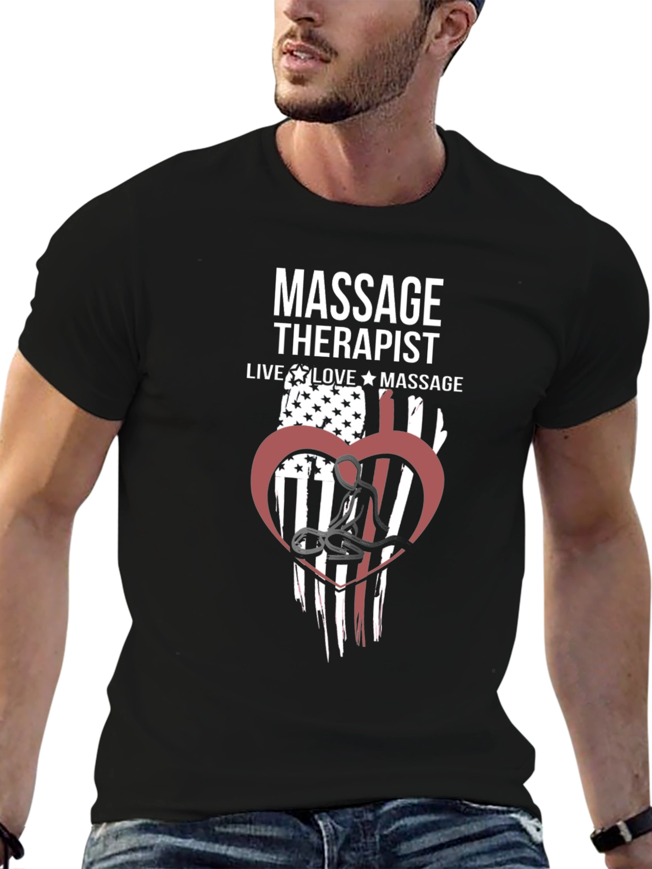 Massage Therapist American Flag Heart Graphic T-Shirt