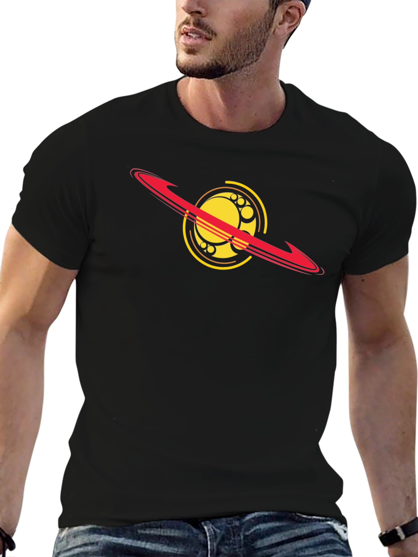 Cosmic Saturn Graphic Tee - Black Cotton Blend