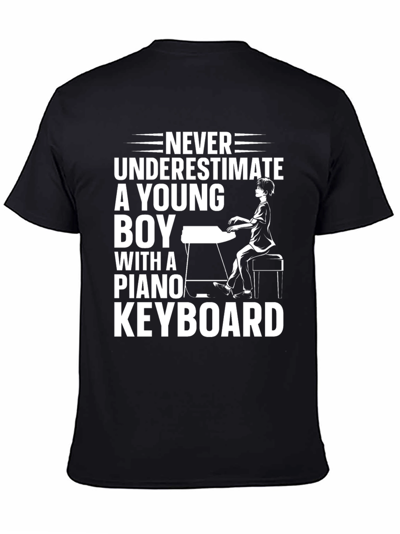 Never Underestimate Young Boy Piano Keyboard Black Tee