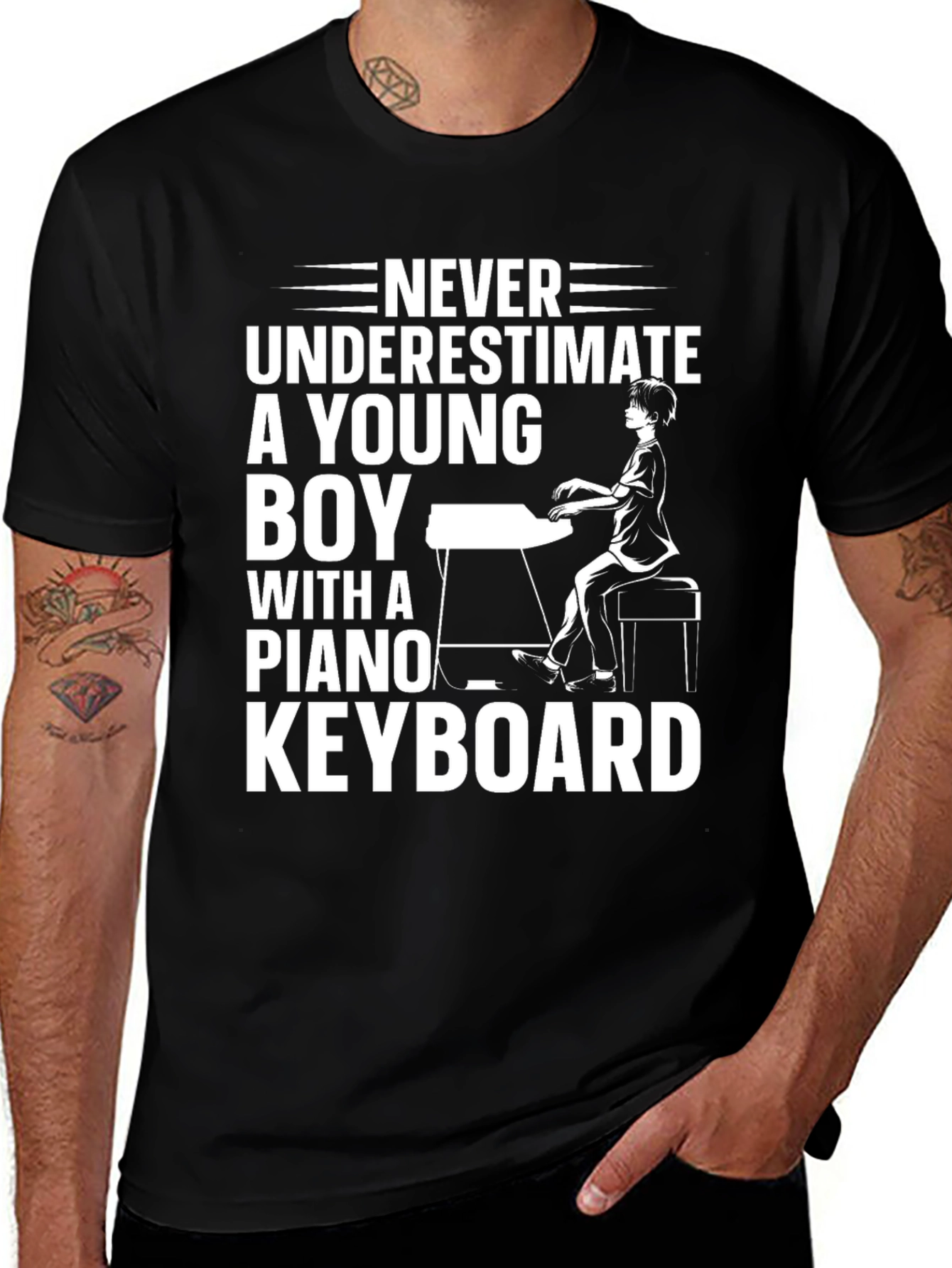 Never Underestimate Young Boy Piano Keyboard Black Tee