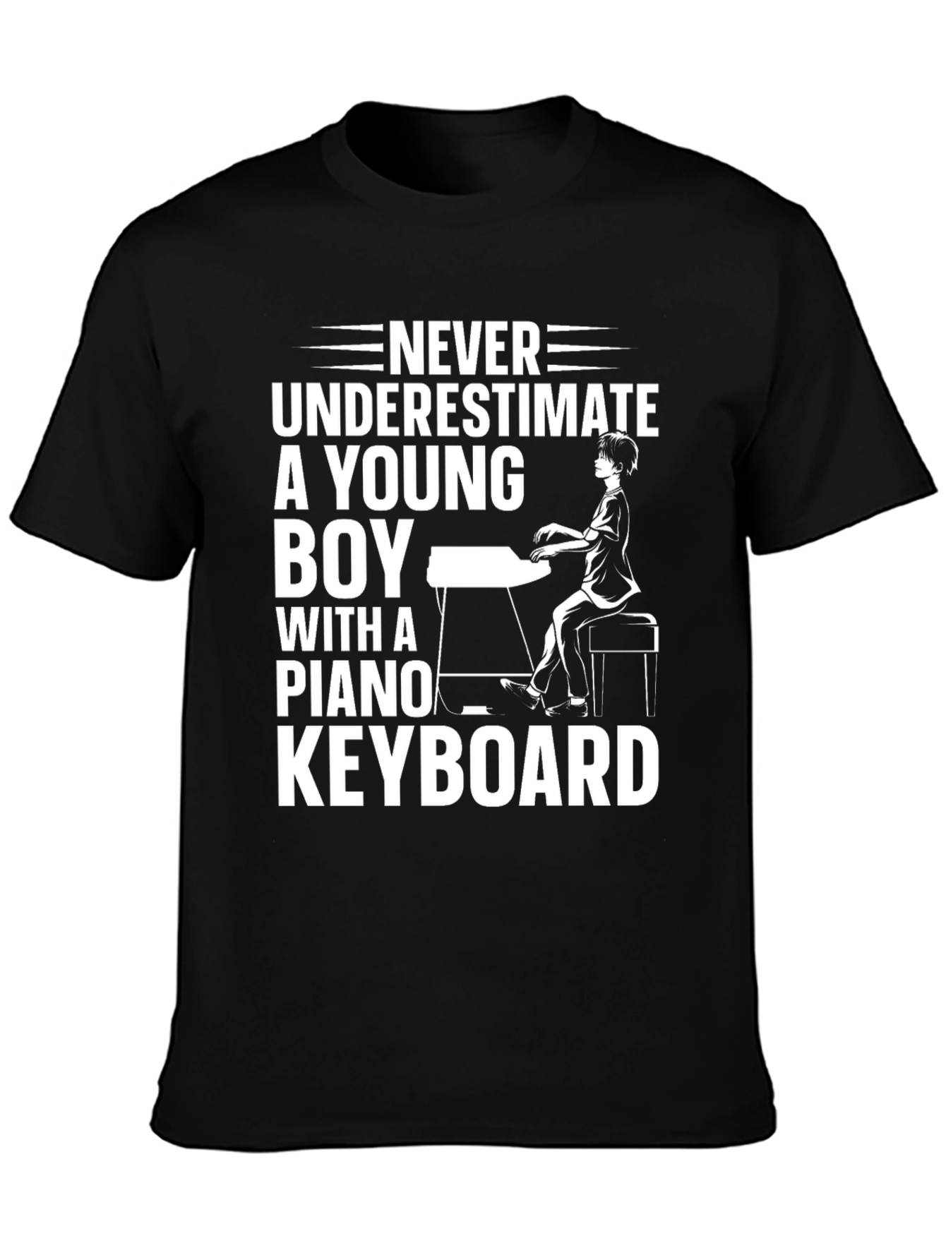 Never Underestimate Young Boy Piano Keyboard Black Tee