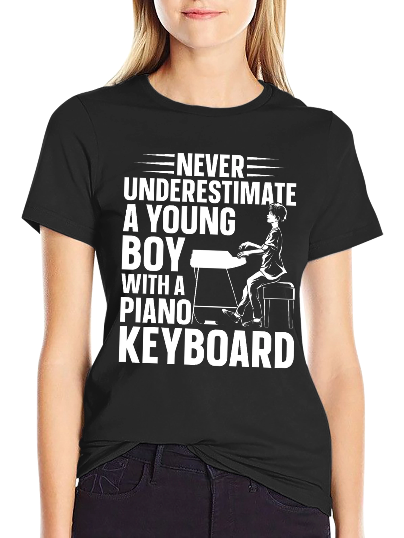 Never Underestimate Young Boy Piano Keyboard Black Tee