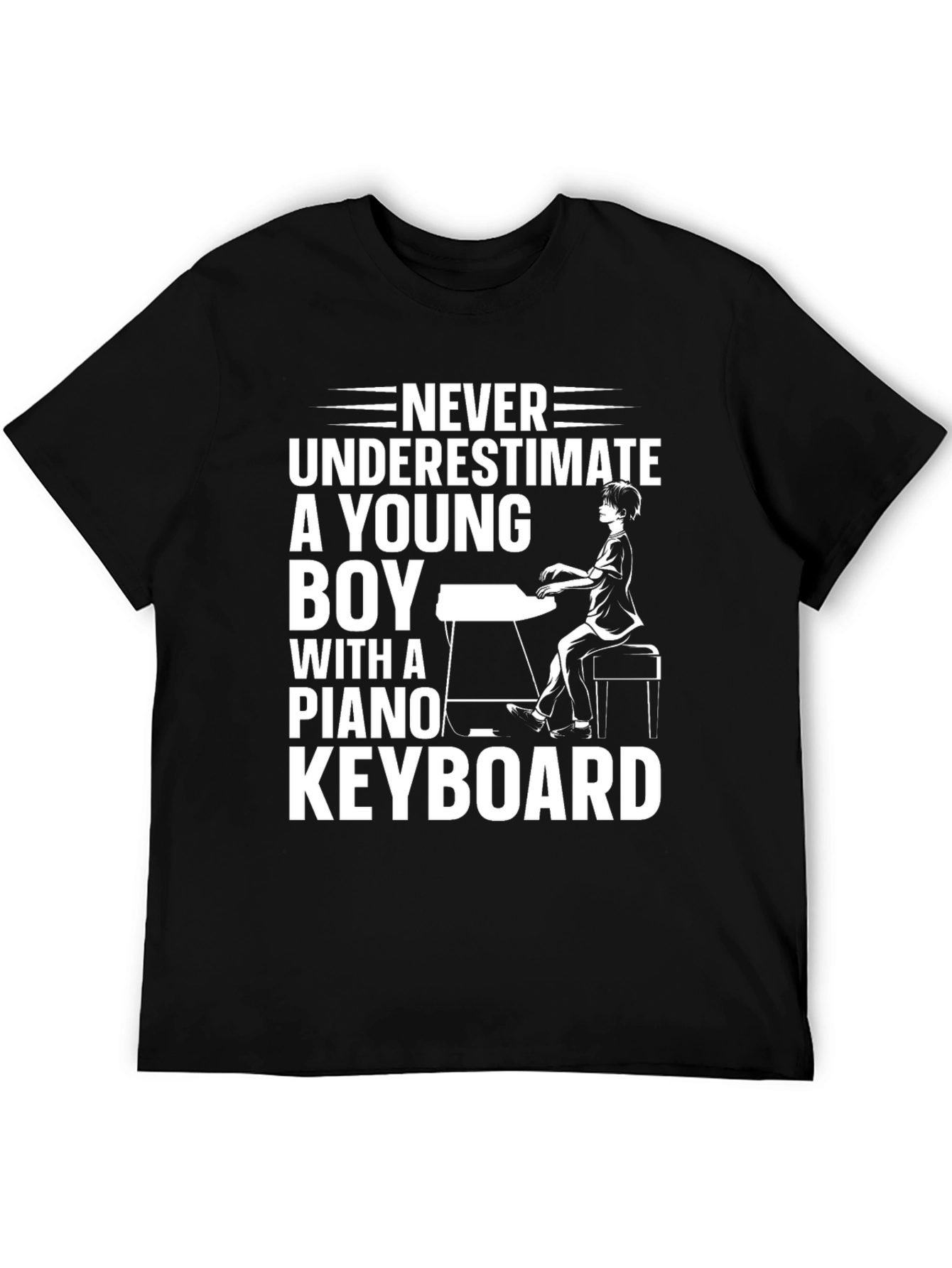 Never Underestimate Young Boy Piano Keyboard Black Tee