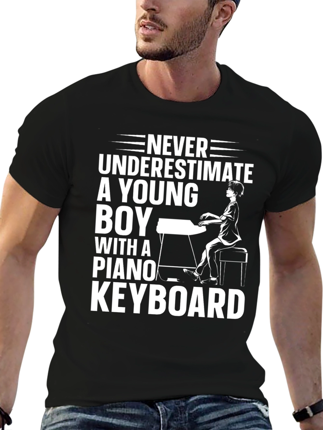 Never Underestimate Young Boy Piano Keyboard Black Tee