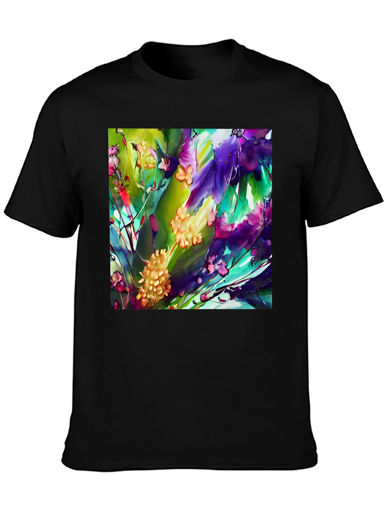 Abstract Floral Print Black T-Shirt - Artistic Style