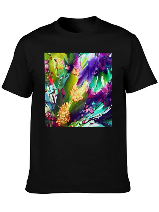 Abstract Floral Print Black T-Shirt - Artistic Style