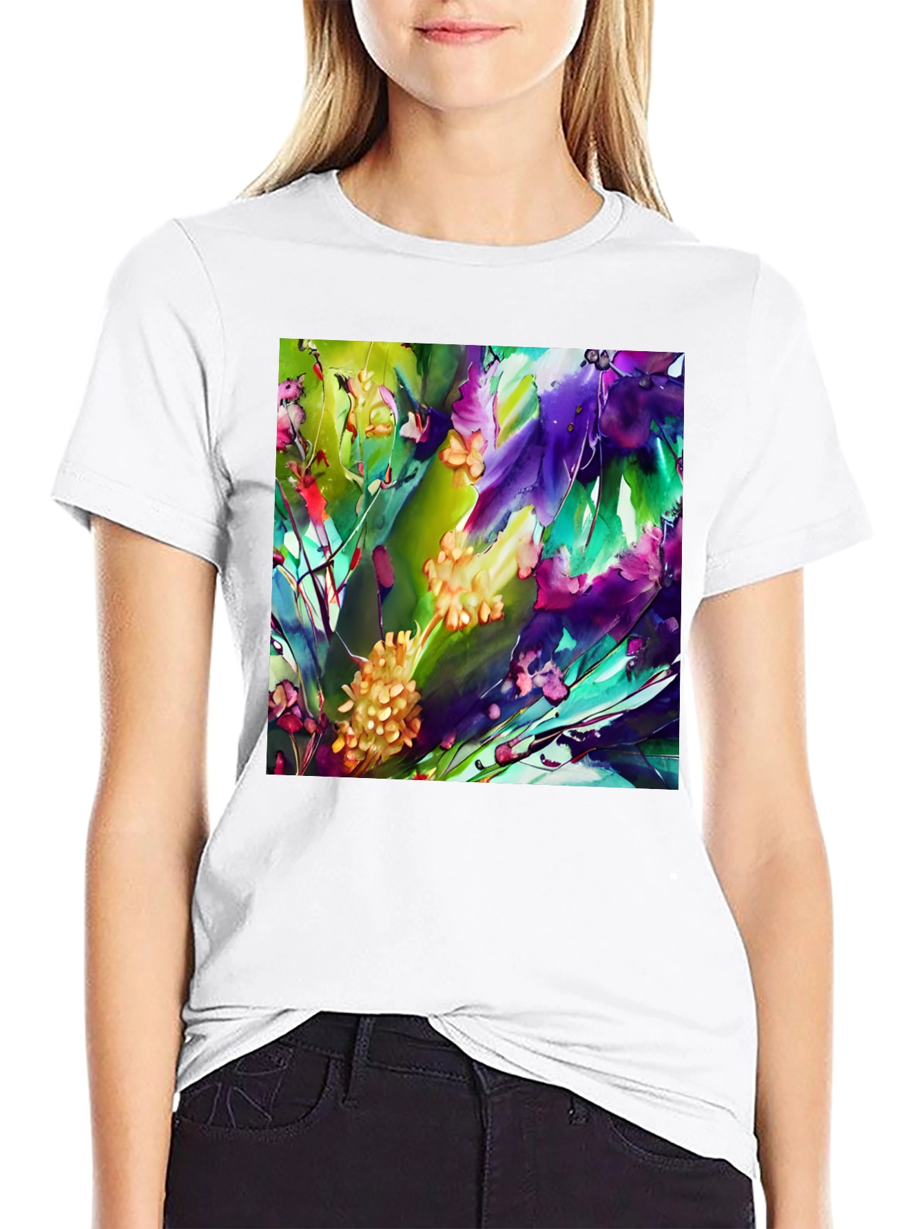 Abstract Floral Print Black T-Shirt - Artistic Style