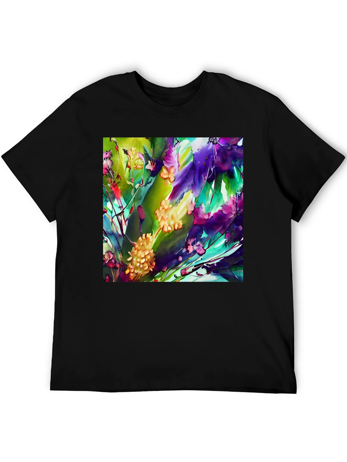 Abstract Floral Print Black T-Shirt - Artistic Style