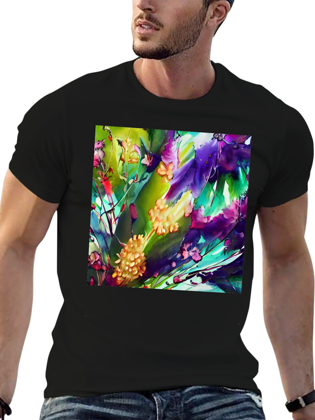 Abstract Floral Print Black T-Shirt - Artistic Style