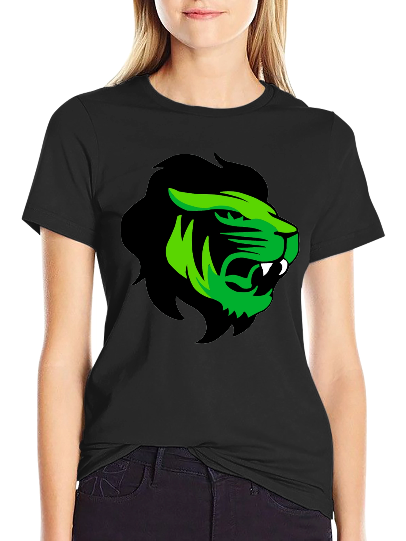 Mens Black T-Shirt with Green Lion Graphic