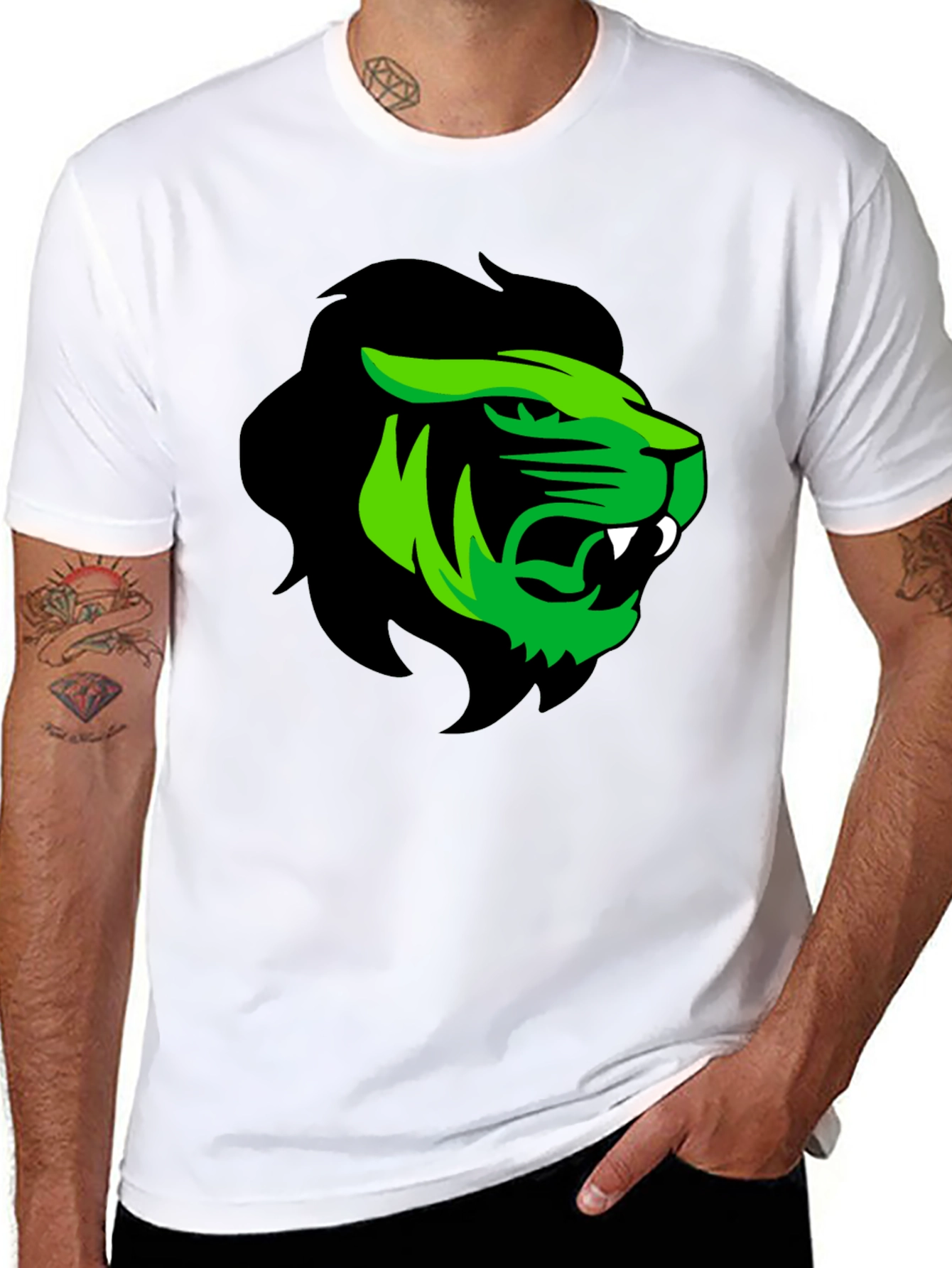 Mens Black T-Shirt with Green Lion Graphic
