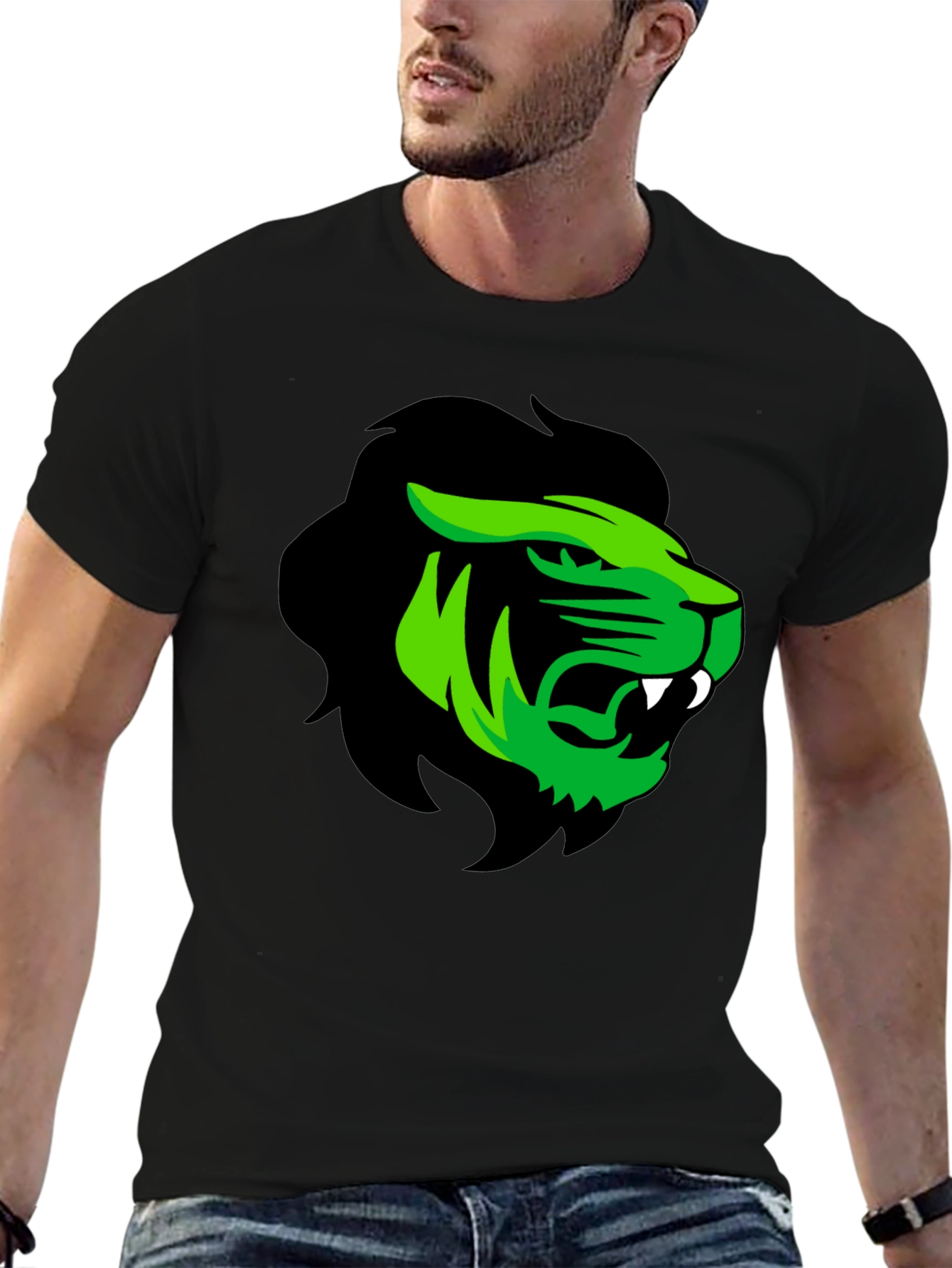 Mens Black T-Shirt with Green Lion Graphic