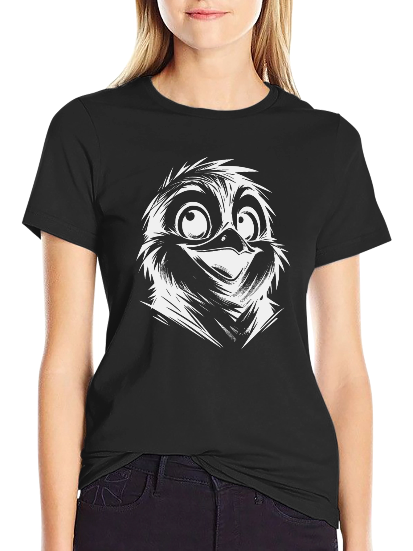 Cartoon Bird Face Black T-Shirt