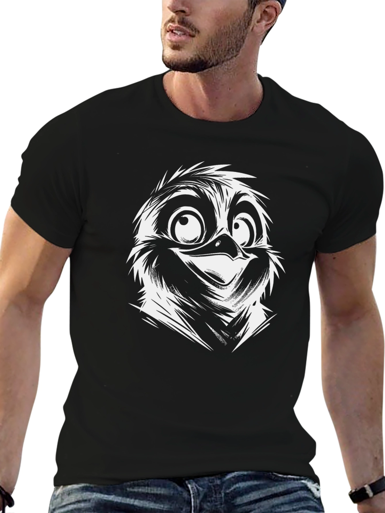 Cartoon Bird Face Black T-Shirt