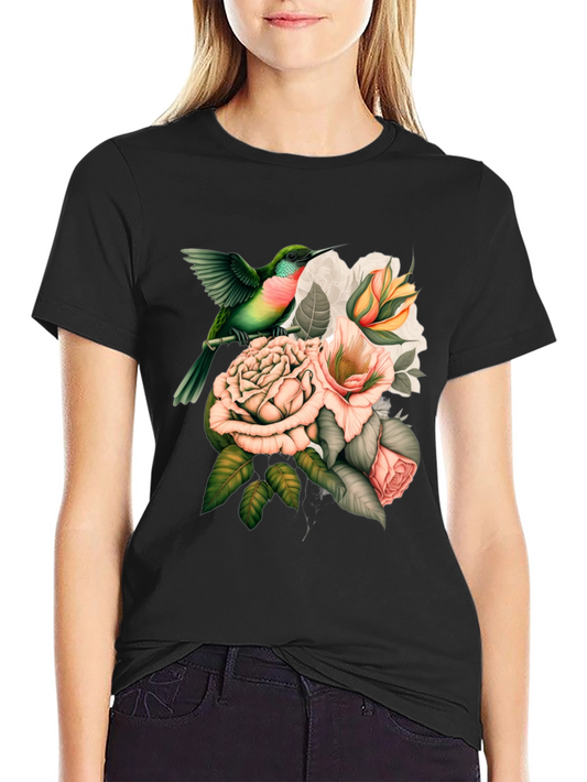Hummingbird and Floral Graphic Tee - Stylish Comfort