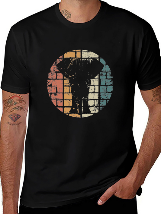 Retro Elephant Grid Tee - Vintage Style Black T-Shirt