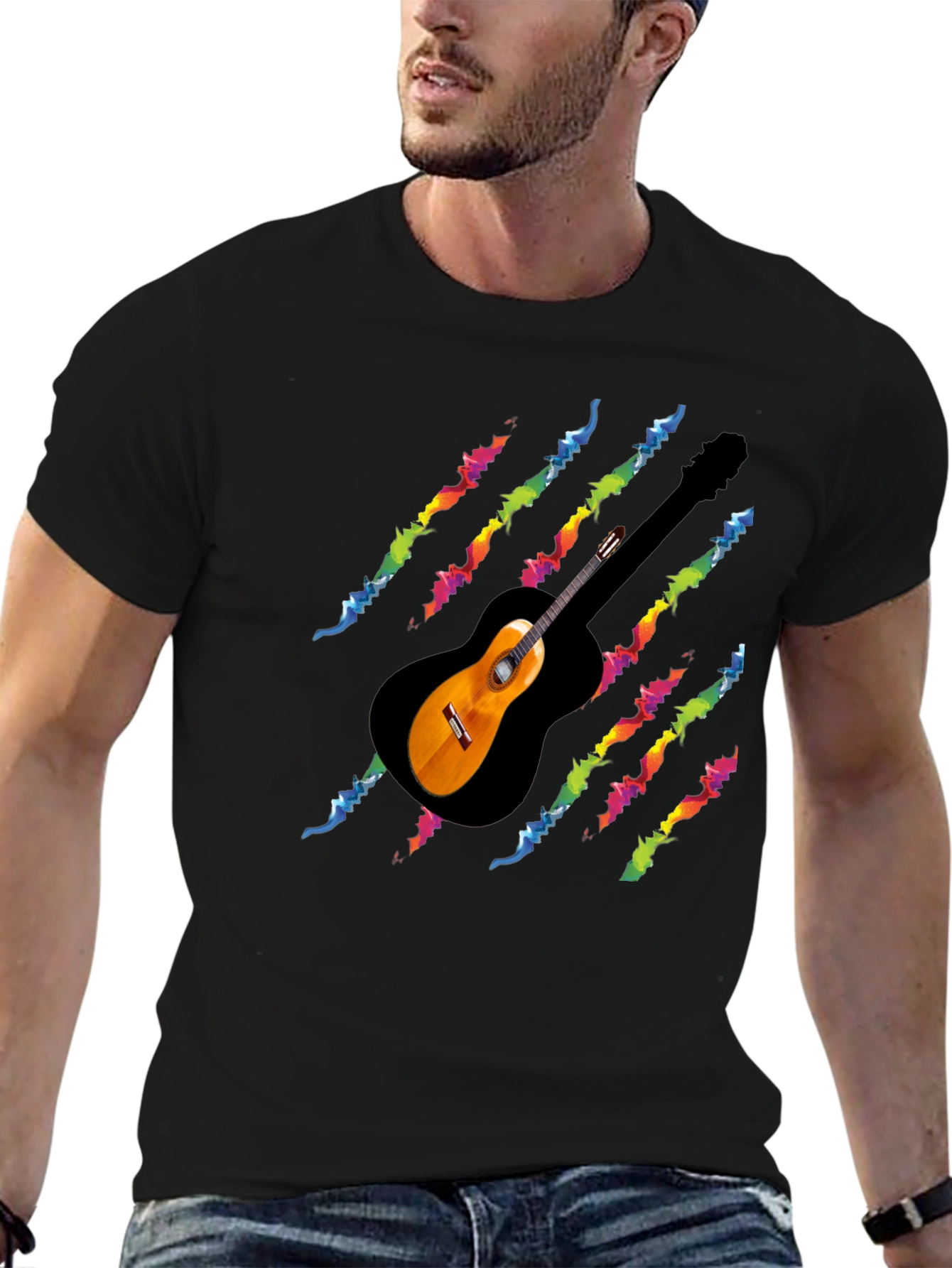 Guitar Rainbow Scratch T-Shirt - Black