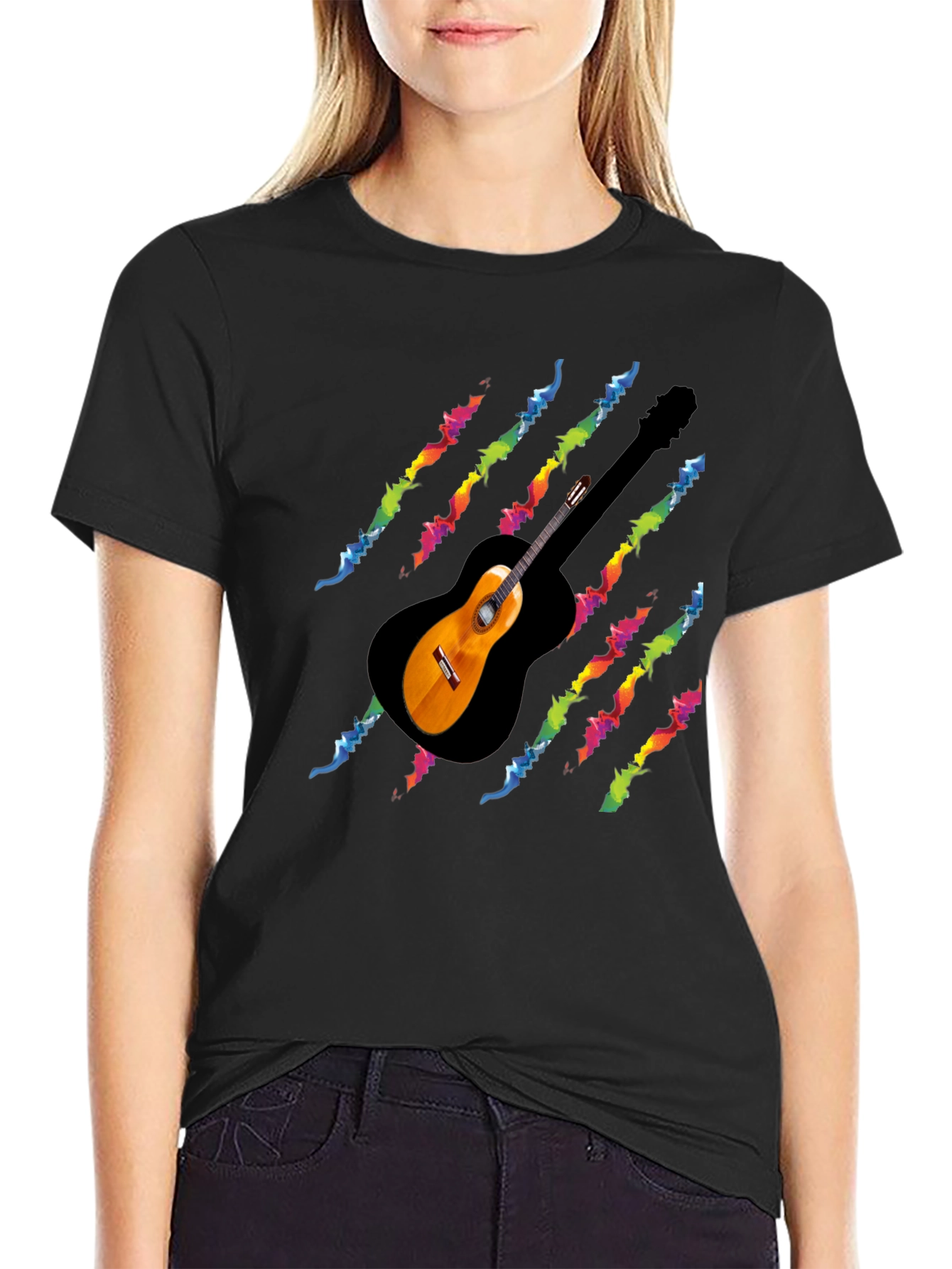 Guitar Rainbow Scratch T-Shirt - Black