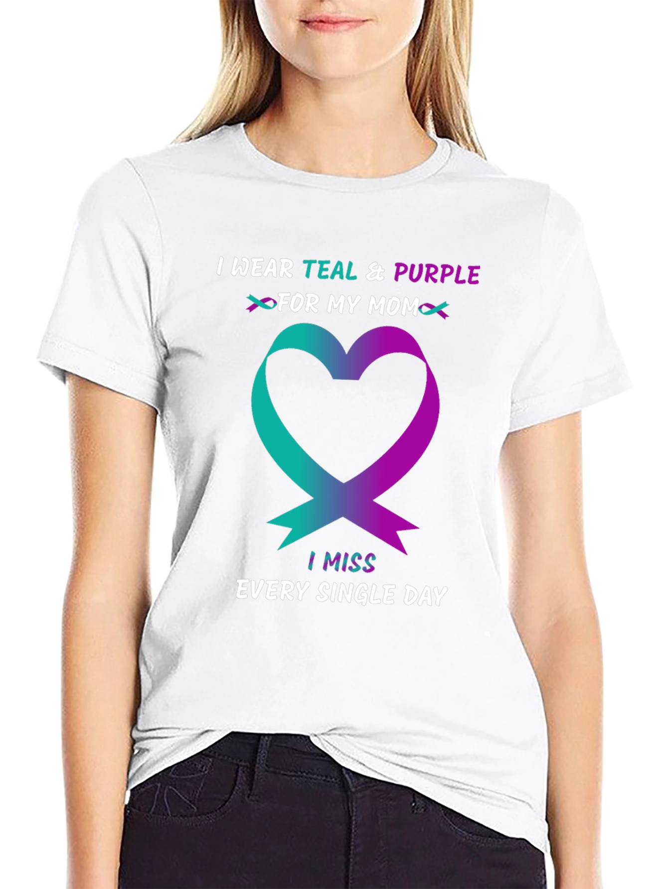 Teal & Purple Ribbon Heart T-Shirt - Missing Mom