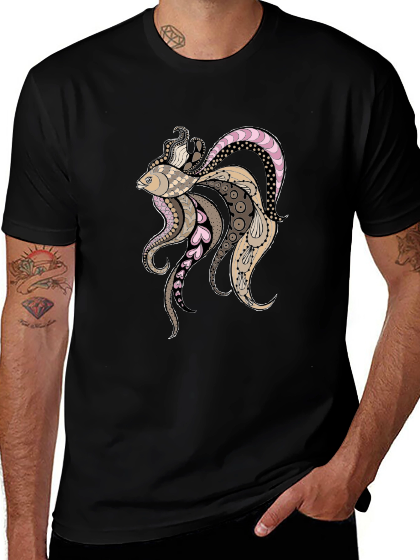 Artistic Koi Fish Graphic Black T-Shirt