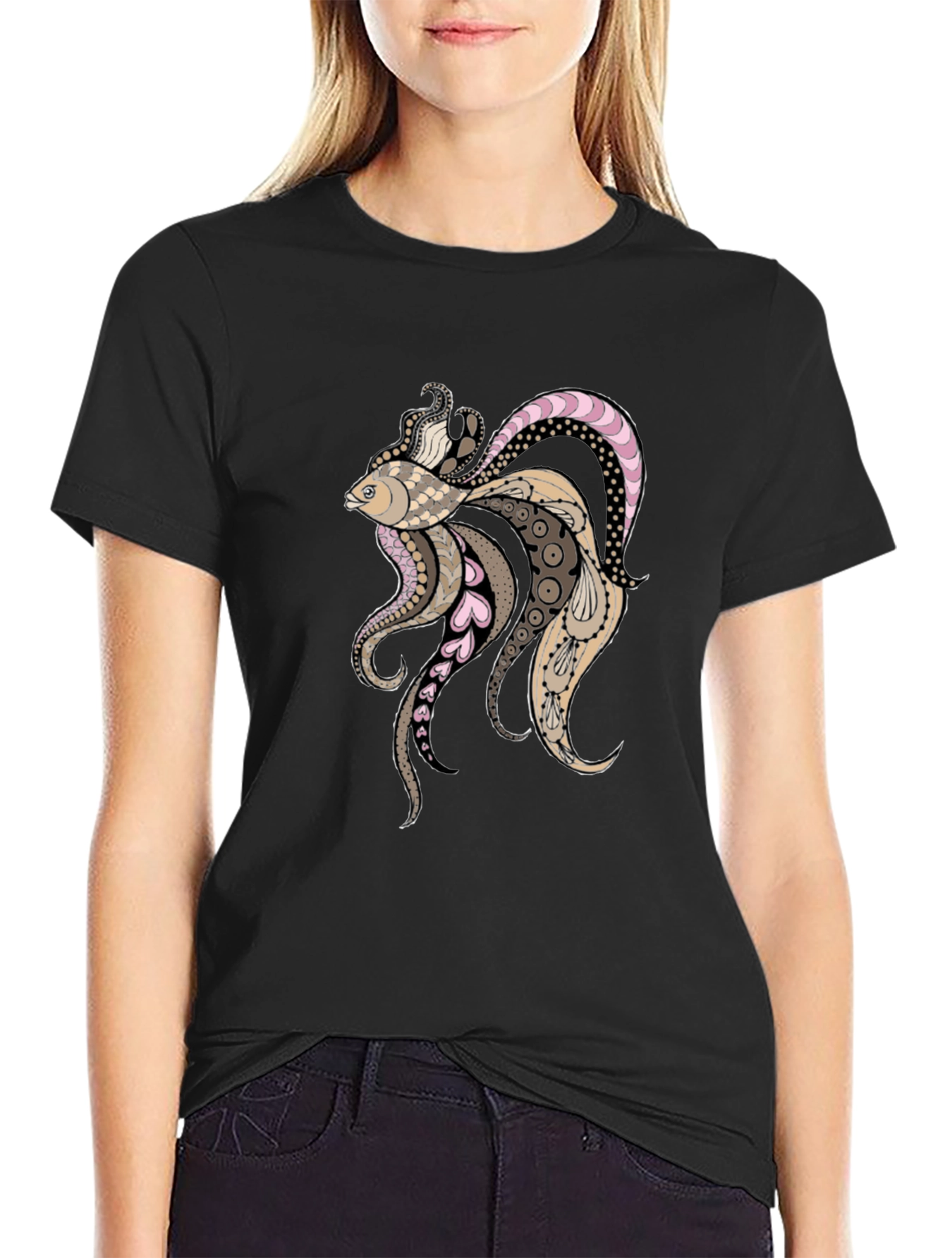 Artistic Koi Fish Graphic Black T-Shirt