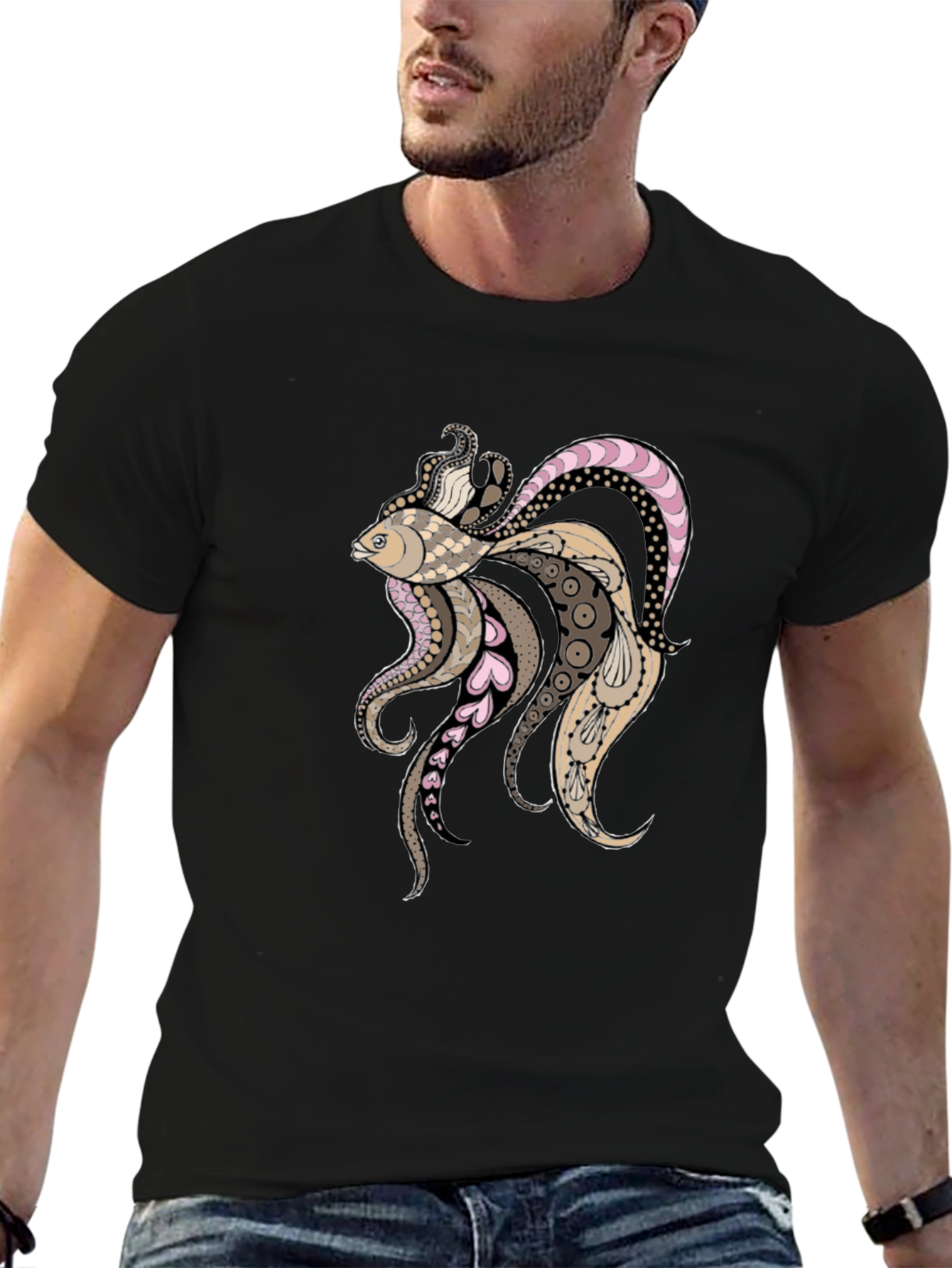 Artistic Koi Fish Graphic Black T-Shirt