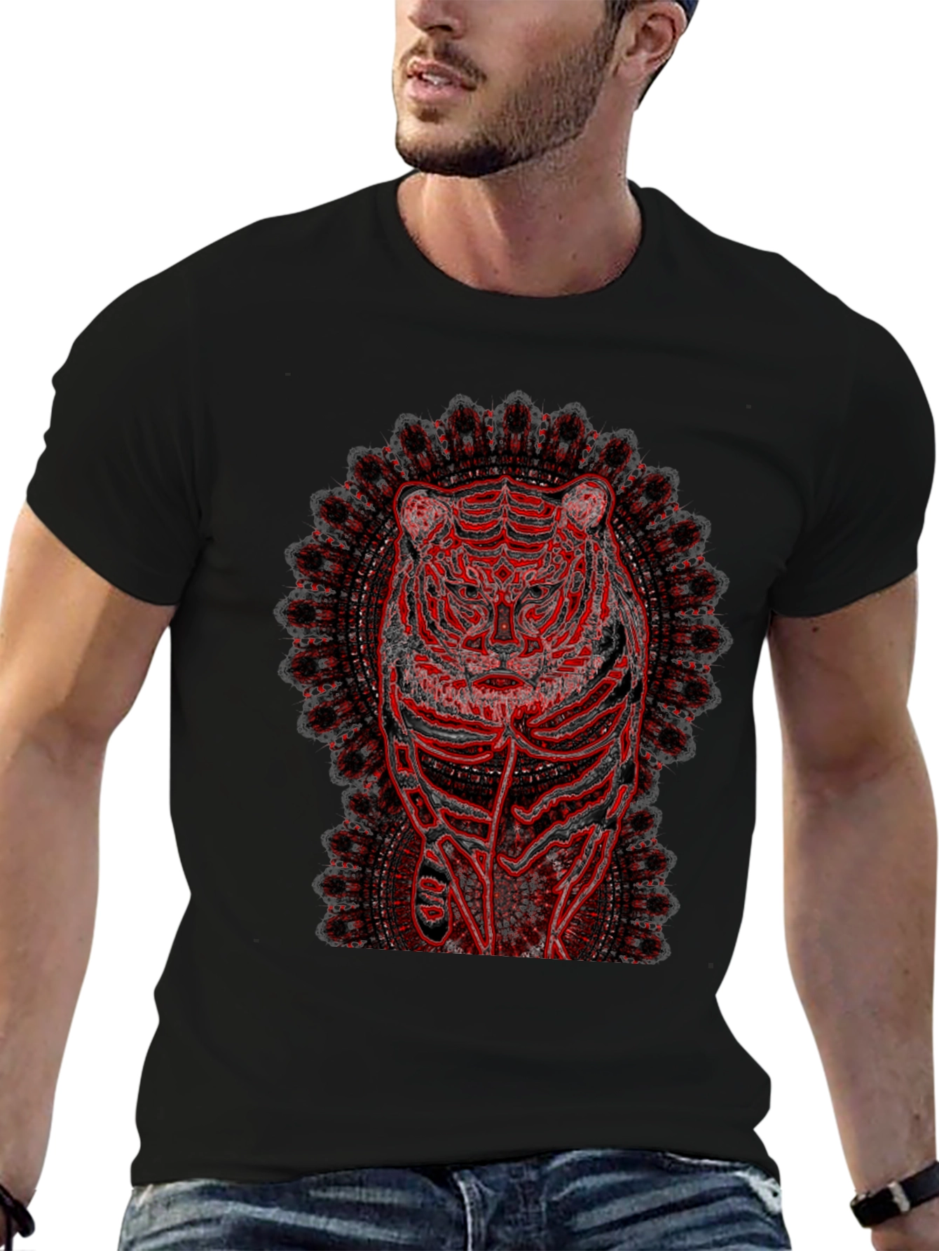 Red Tiger Mandala Graphic Black T-Shirt