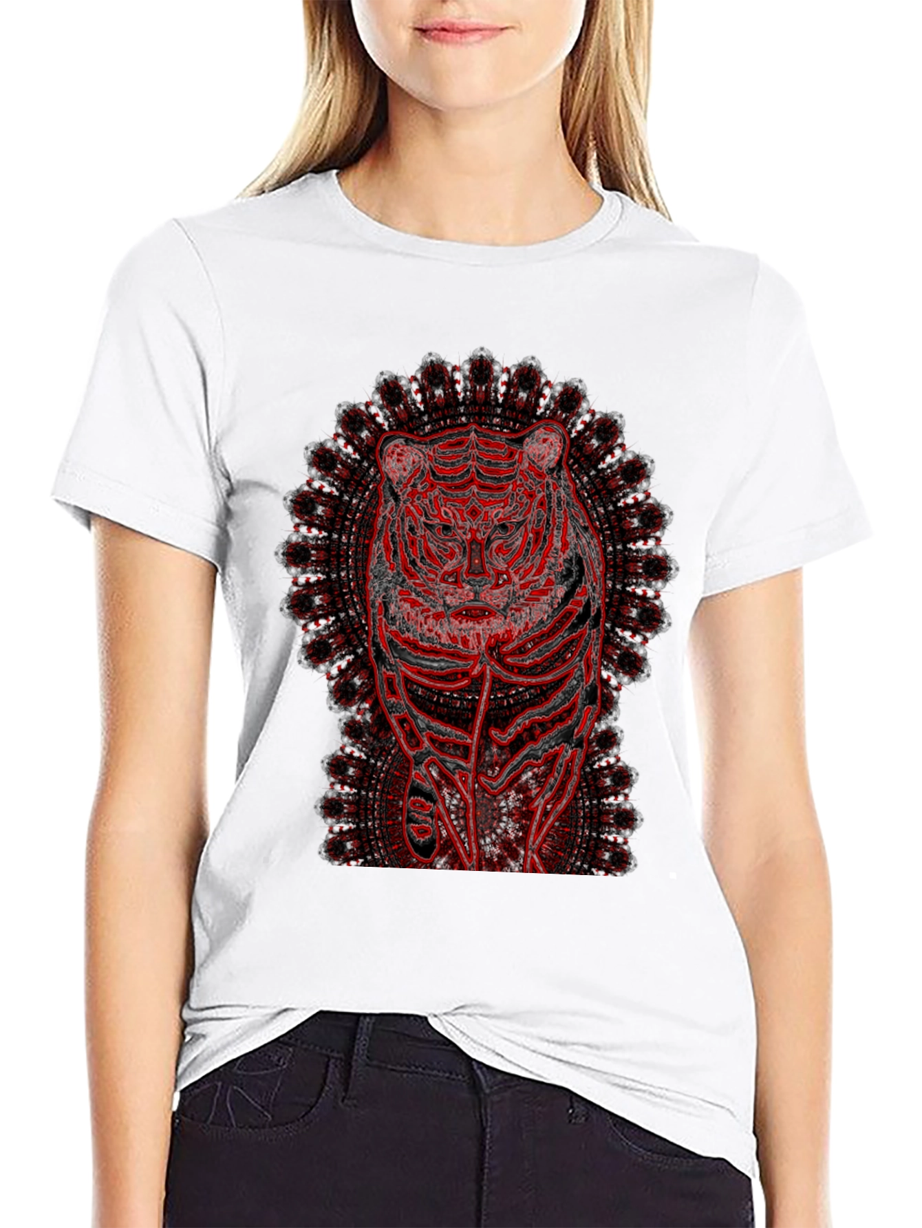 Red Tiger Mandala Graphic Black T-Shirt