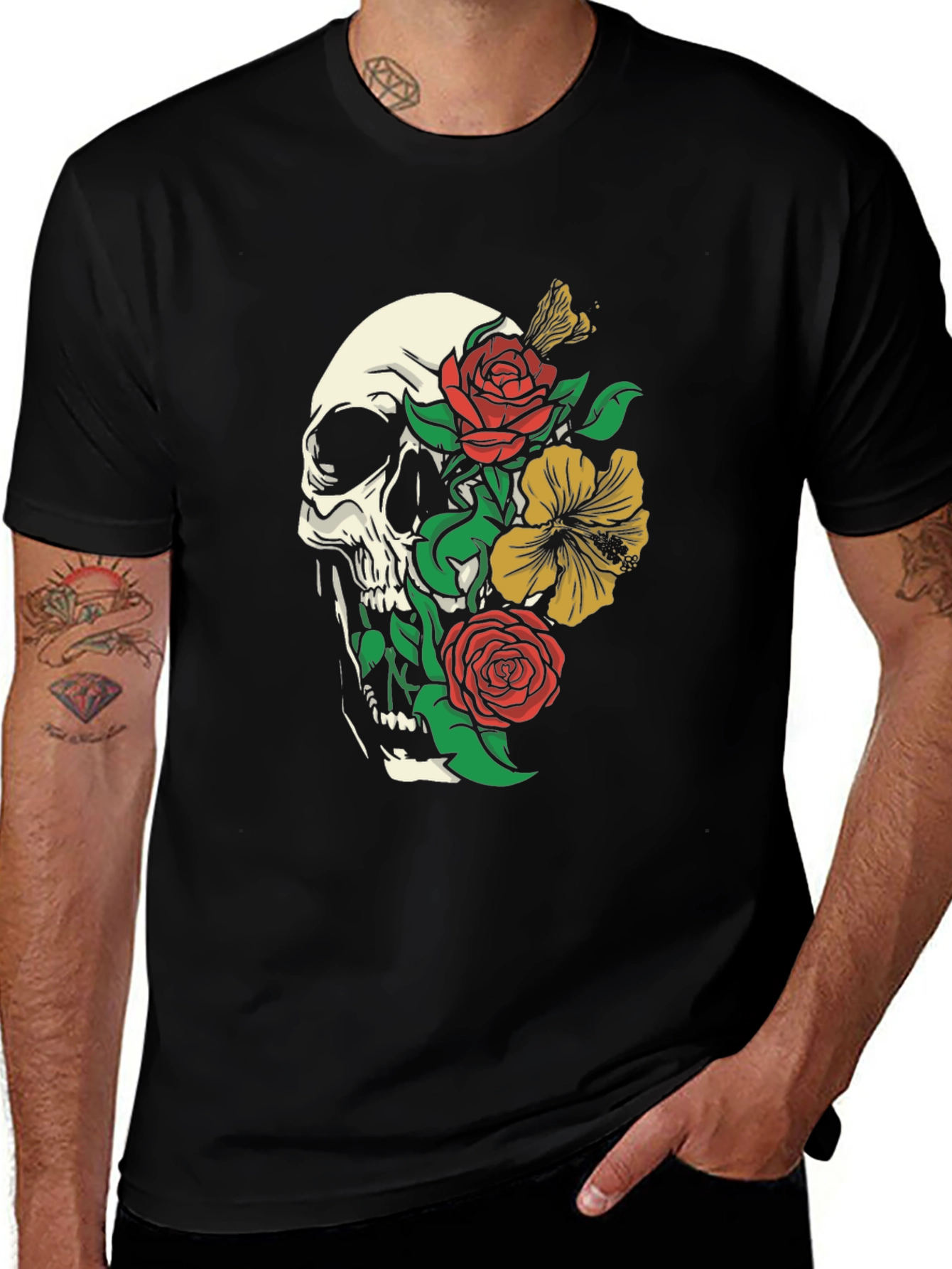 Skull & Floral Print Tee - Gothic Style