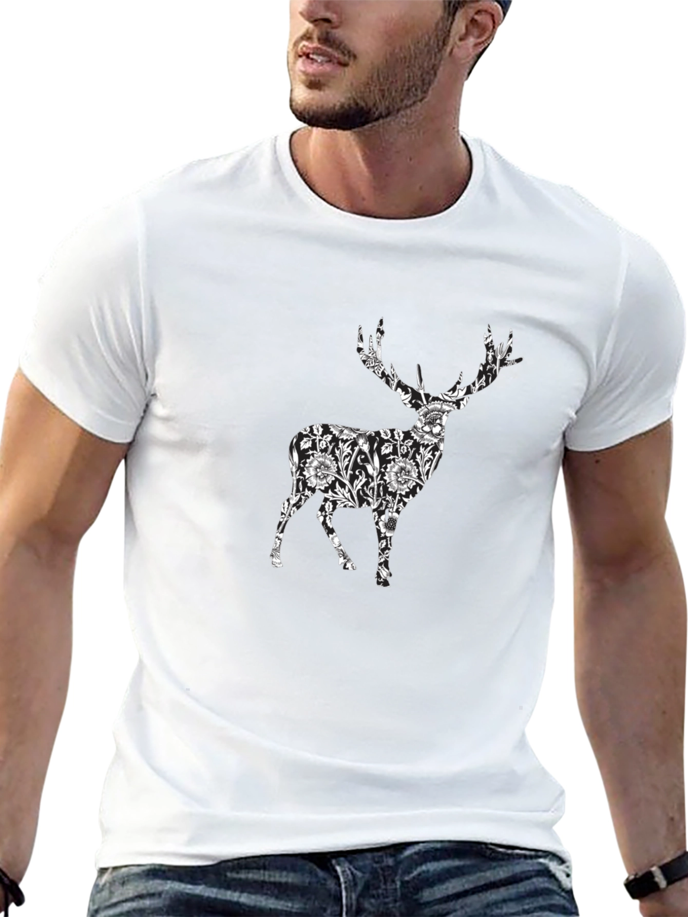 Floral Deer Print Black T-Shirt