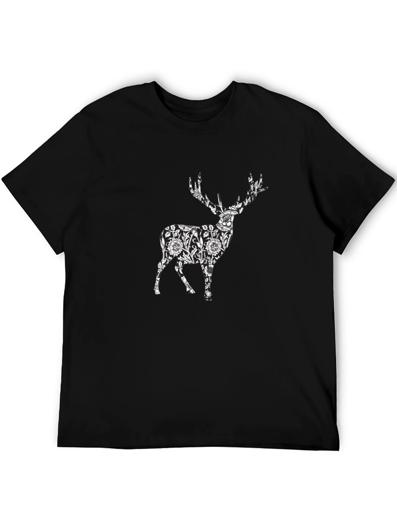 Floral Deer Print Black T-Shirt