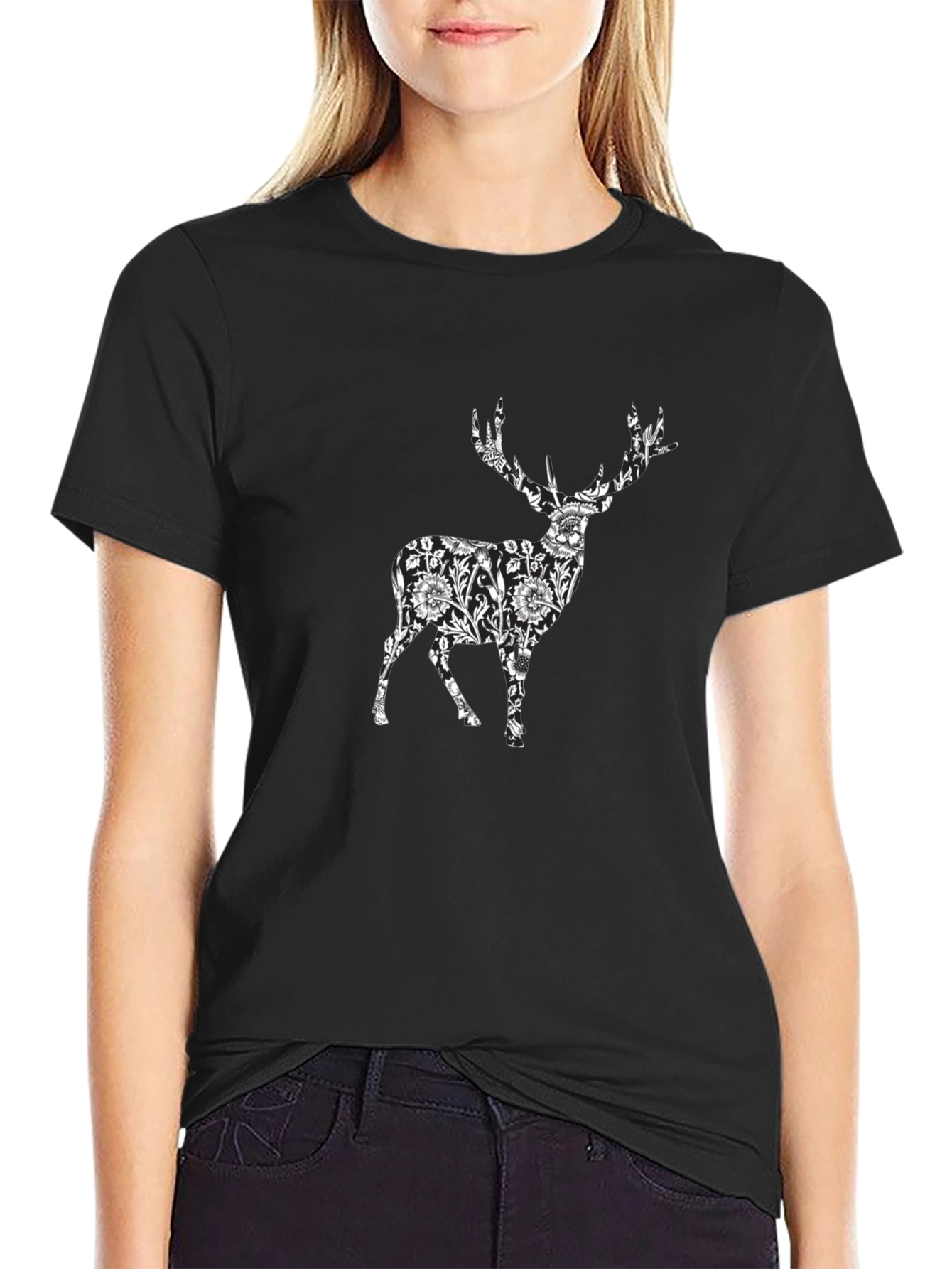 Floral Deer Print Black T-Shirt