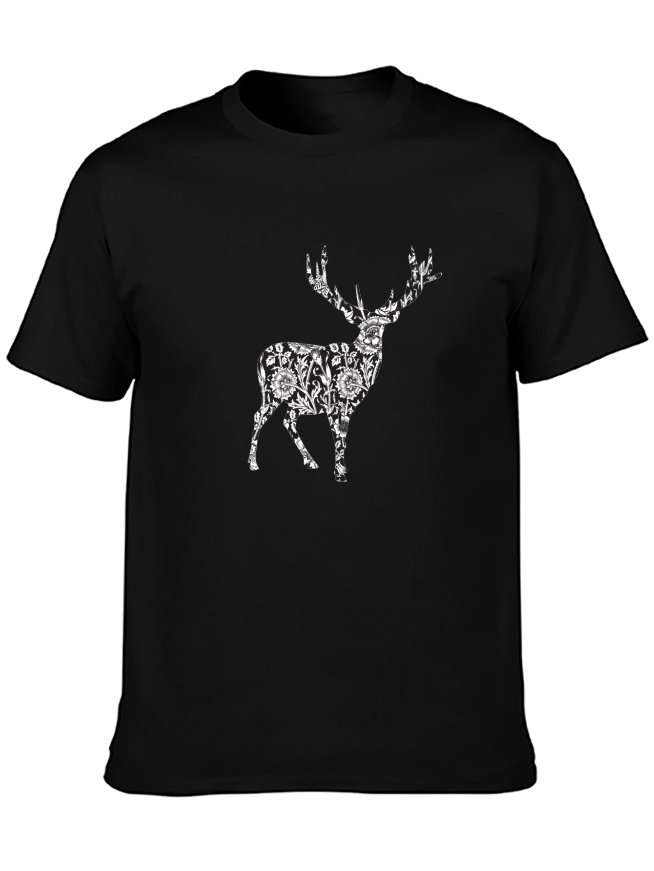 Floral Deer Print Black T-Shirt